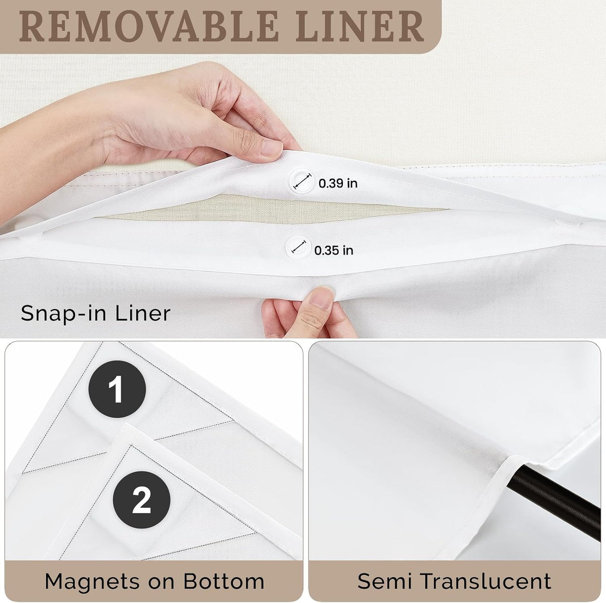 WONICY Hook-Free Shower Curtain with Snap-in Liner, Cream, 71 x 74
