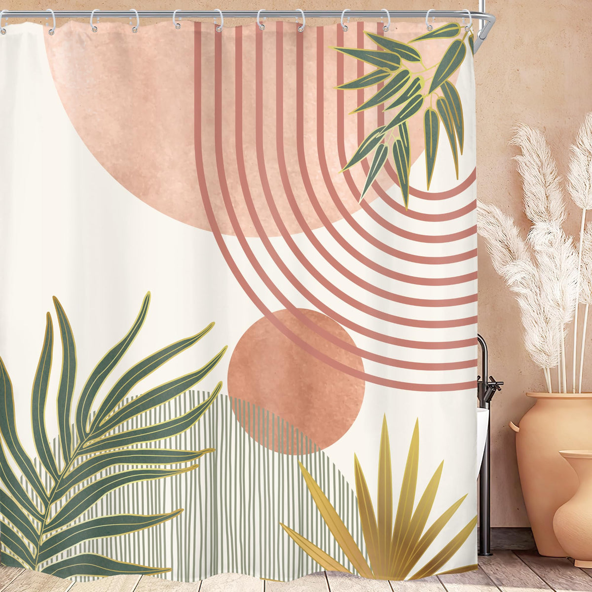 KOMLLEX Mid Century Green Boho Shower Curtain, Abstract Modern Shower Curtains for Bathroom, Plant Botanical Minimalist Leaf Arch Sun Fabric Liner Waterproof Polyester 12 Pack Hooks 60Wx72L Inches