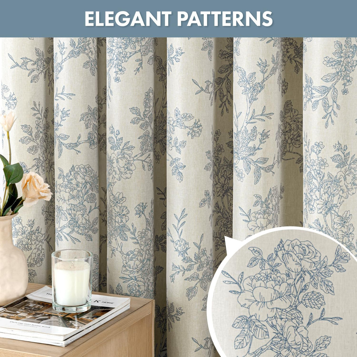 Linen Blue Floral Toile Shower Curtain W72*L72 Inches Long