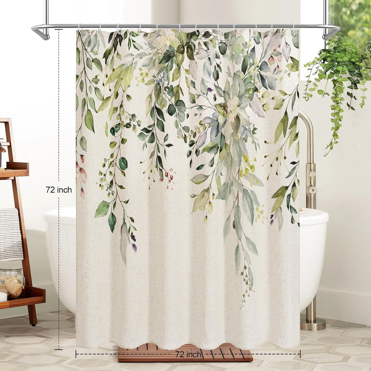 Gibelle SageGreen Linen Eucalyptus Shower Curtain, Watercolor Floral, 72x72