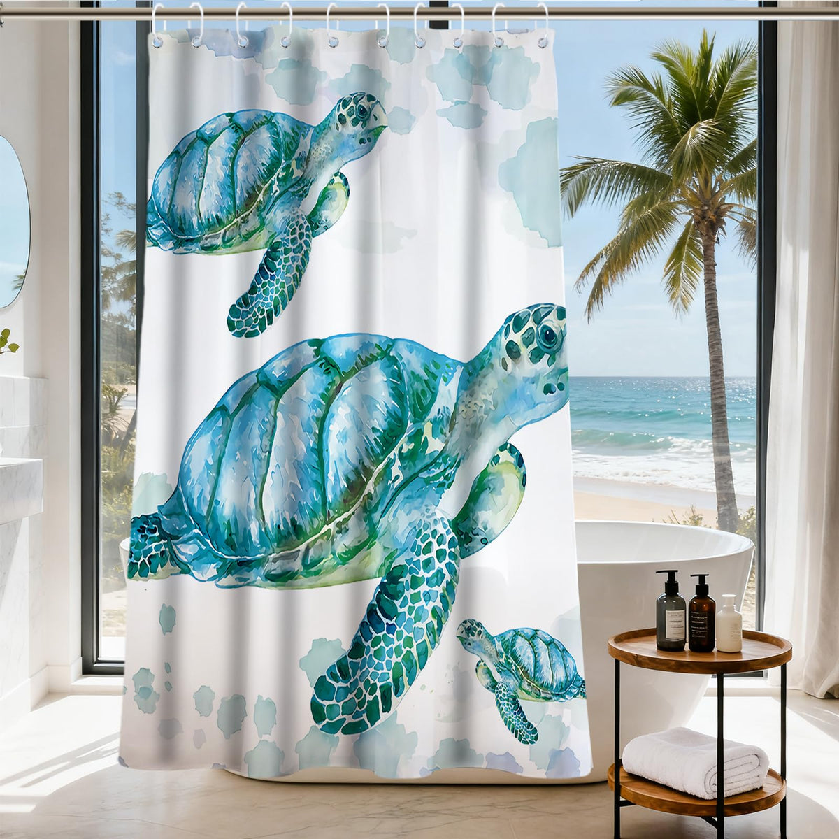 Nautical Green Sea Turtles Beach Theme Fabric Shower Curtain Sets Bathroom Blue Ocean Decor with Grommets and Hooks - 72 x 72 Inch Teal
