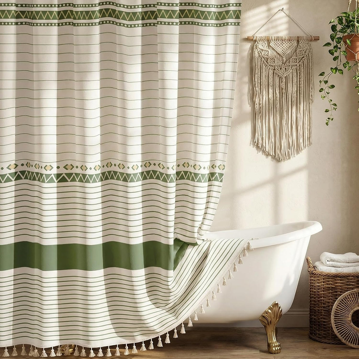 Vintage Green Striped Shower Curtain with 12 Clear Rings - 72" W x 84" L