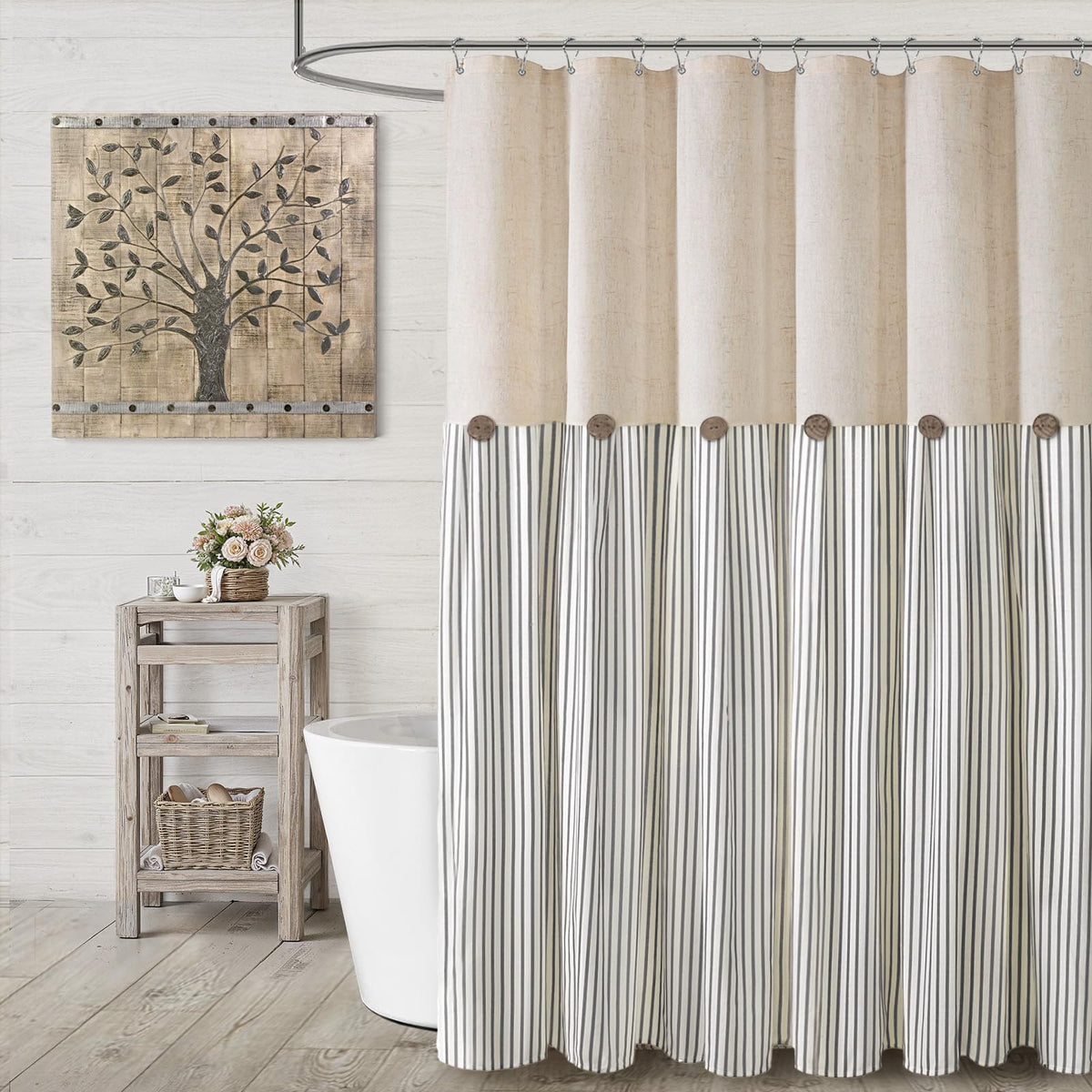 Farmhouse Shower Curtain Linen Beige Button Brown Stripe 72"W x 72"L