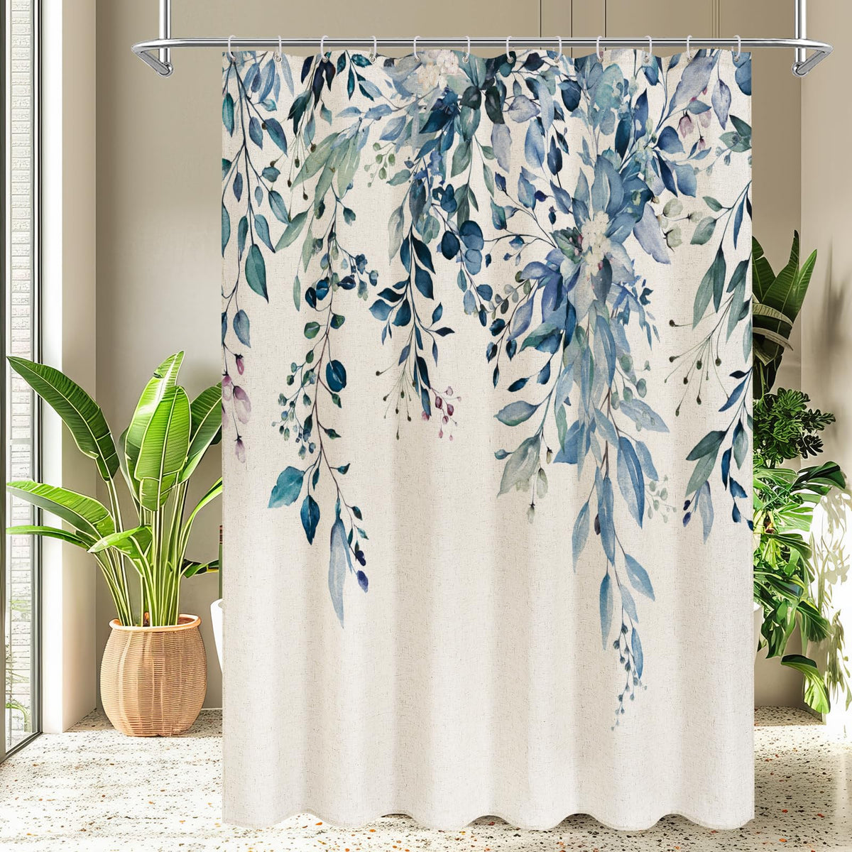 Gibelle SageGreen Linen Eucalyptus Shower Curtain, Watercolor Floral, 72x72