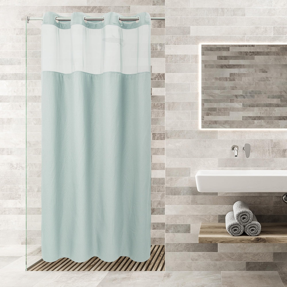 RiverDream Heavyweight Waffle No Hook Shower Curtain with Liner,White,71x74
