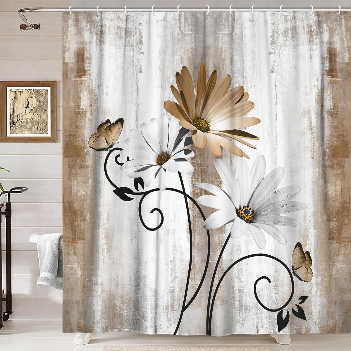 Rustic Farmhouse Shower Curtain, Farm Tan Cream Daisy Floral Flowers and Butterfly on Country Wooden Shower Curtains for Bathroom, Beige Brown Home Decor with 12PCS Hooks, 70X70IN