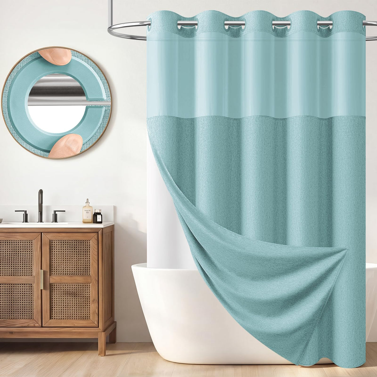 BTTN Cream Ringless Linen Textured Shower Curtain with Snap in Liner, 72x75