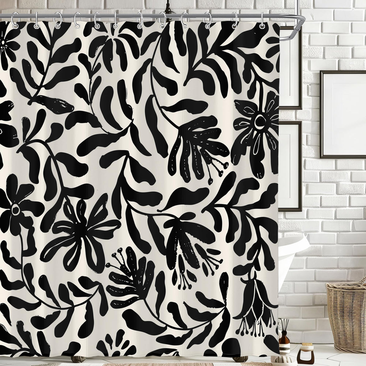 Black Cute Retro Floral Abstract 70s Aesthetic 72W*72H Inch Shower Curtain