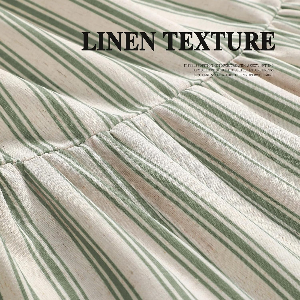 Farmhouse Shower Curtain Ruffle Linen Cream-Green Stripe 72"W x 72"L
