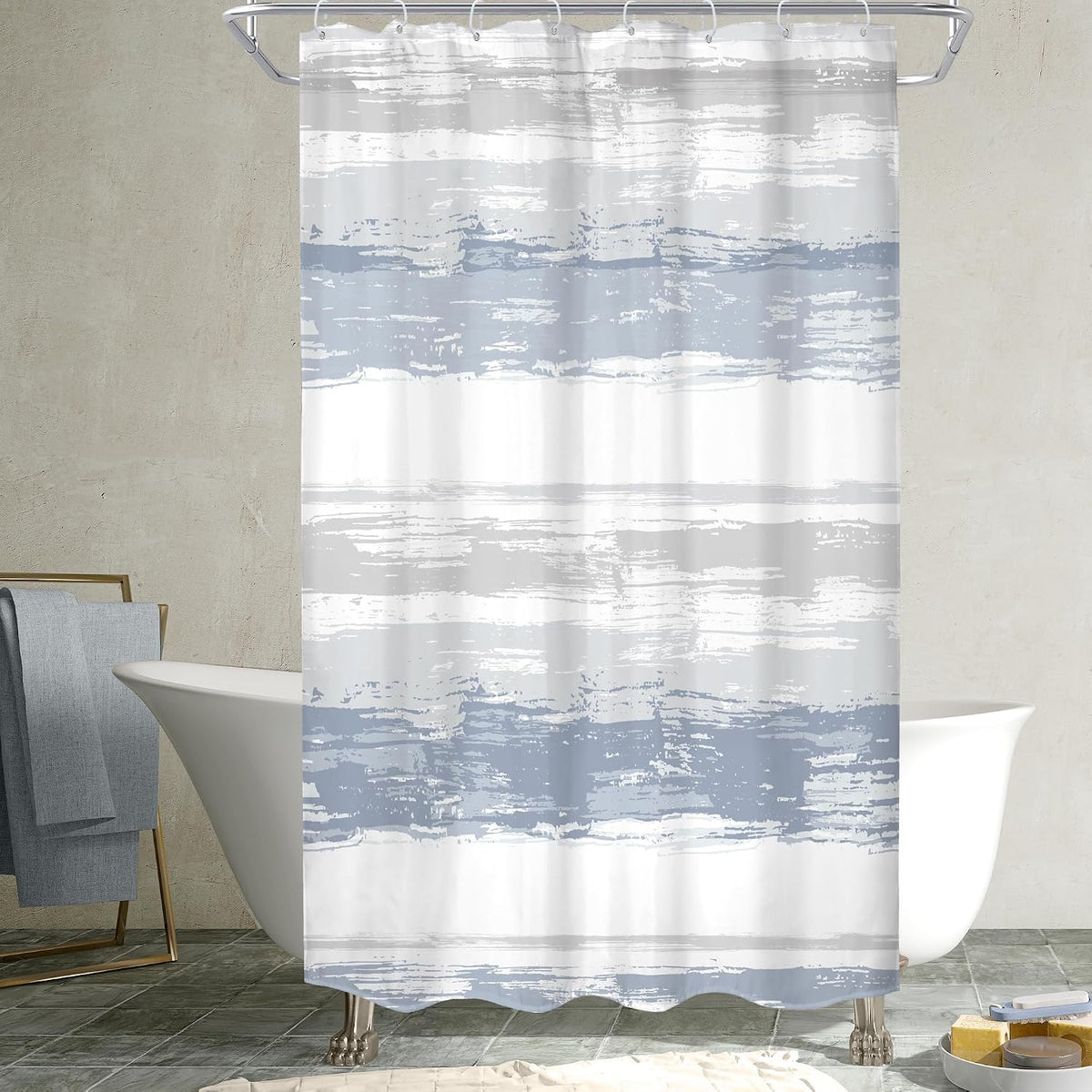 Abstract Blue Modern Gray Striped Minimalist Bathroom Shower Curtain Set