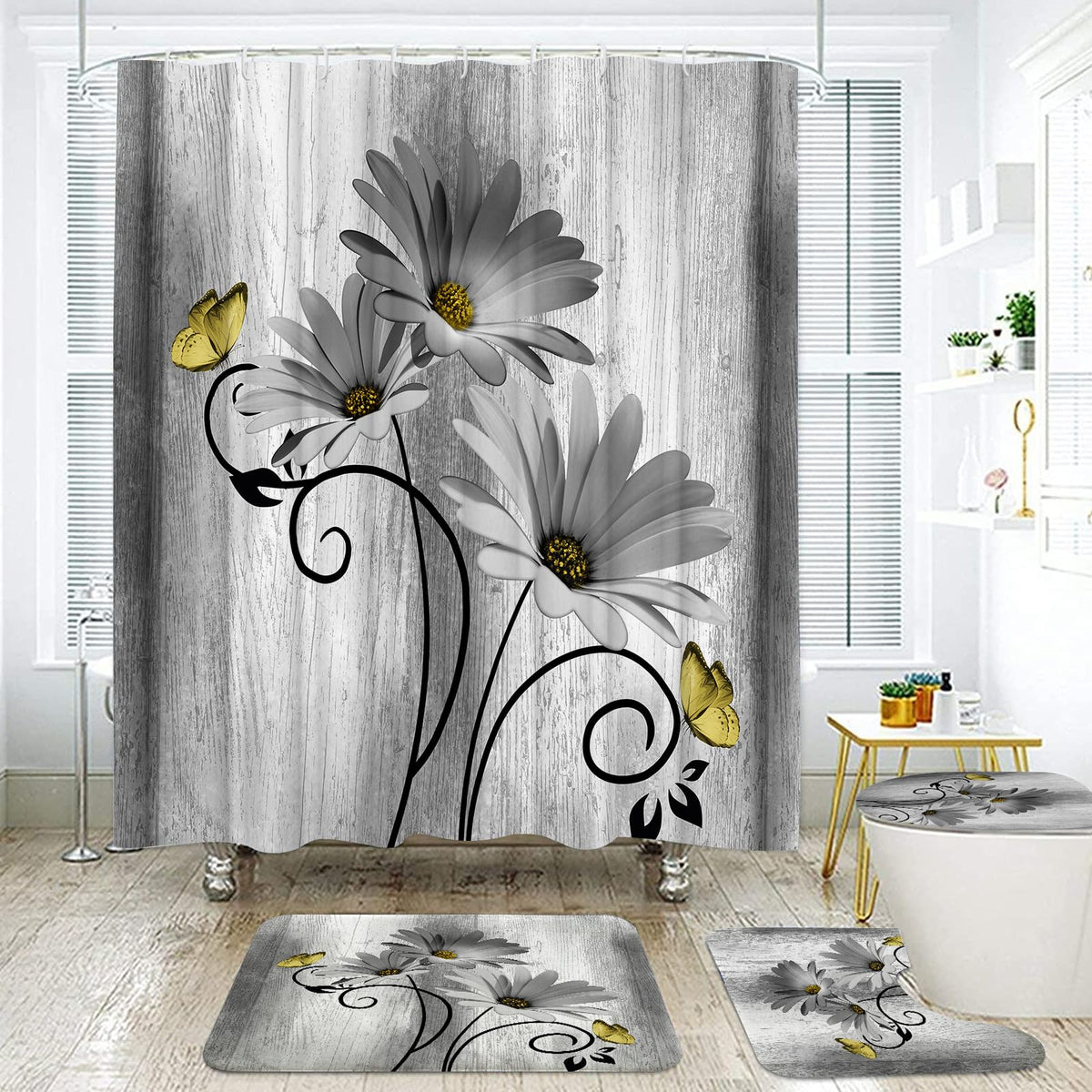Onalasyc 4PCS Teal Daisy Floral Bathroom Sets with Shower Curtain and Rugs