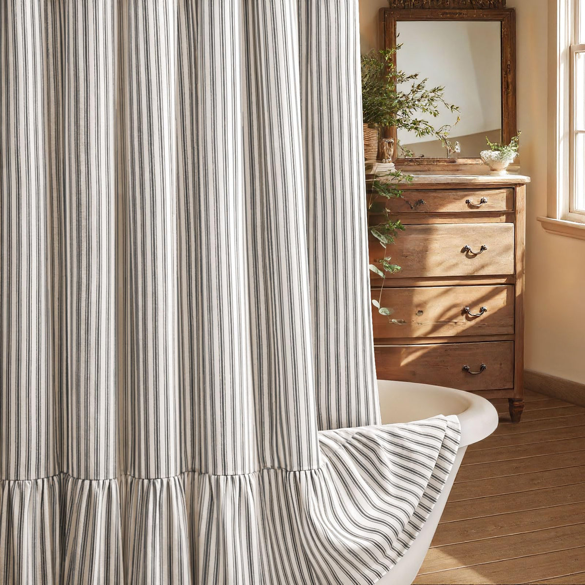 Farmhouse Shower Curtain Ruffle Linen Cream-Green Stripe 72"W x 72"L