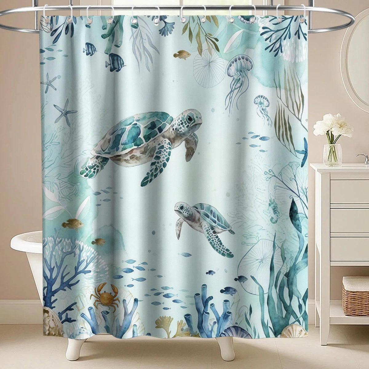 Nautical Green Sea Turtles Beach Theme Fabric Shower Curtain Sets Bathroom Blue Ocean Decor with Grommets and Hooks - 72 x 72 Inch Teal