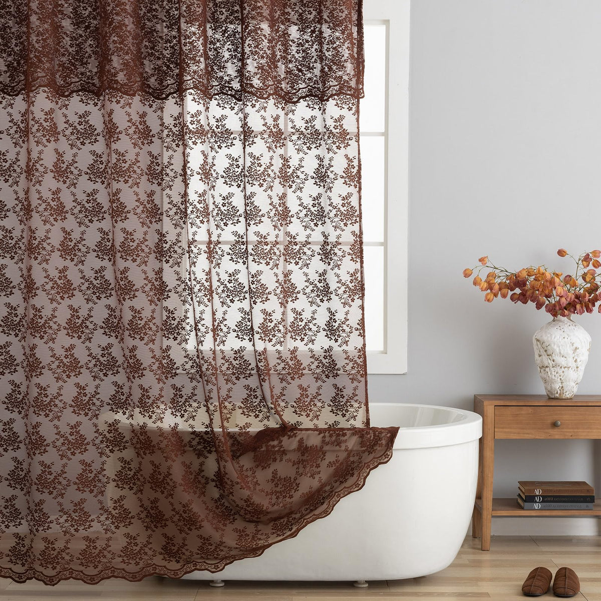 TUDECO Pink Lace Shower Curtain with Attached Valance, 72x72 Inch, 1 Panel