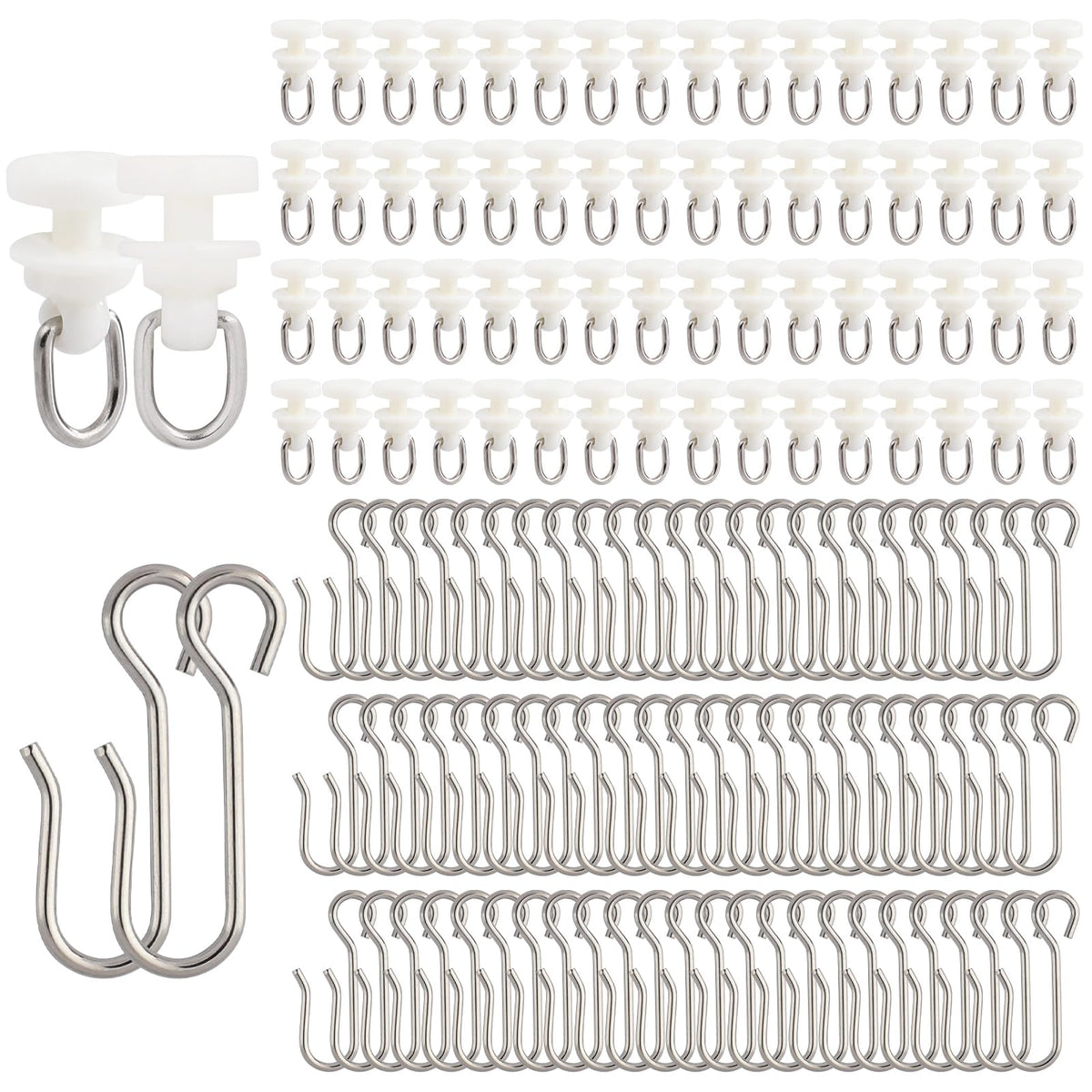 100 Pcs Curtain Track Gliders Hooks, 50 Pcs Plastic Curtain Track Glider and 50 Pcs Metal Curtain Track Hooks S Shaped for Shower Curtain, Curtain Track Rollers for Bendable Curtain Track Pulley