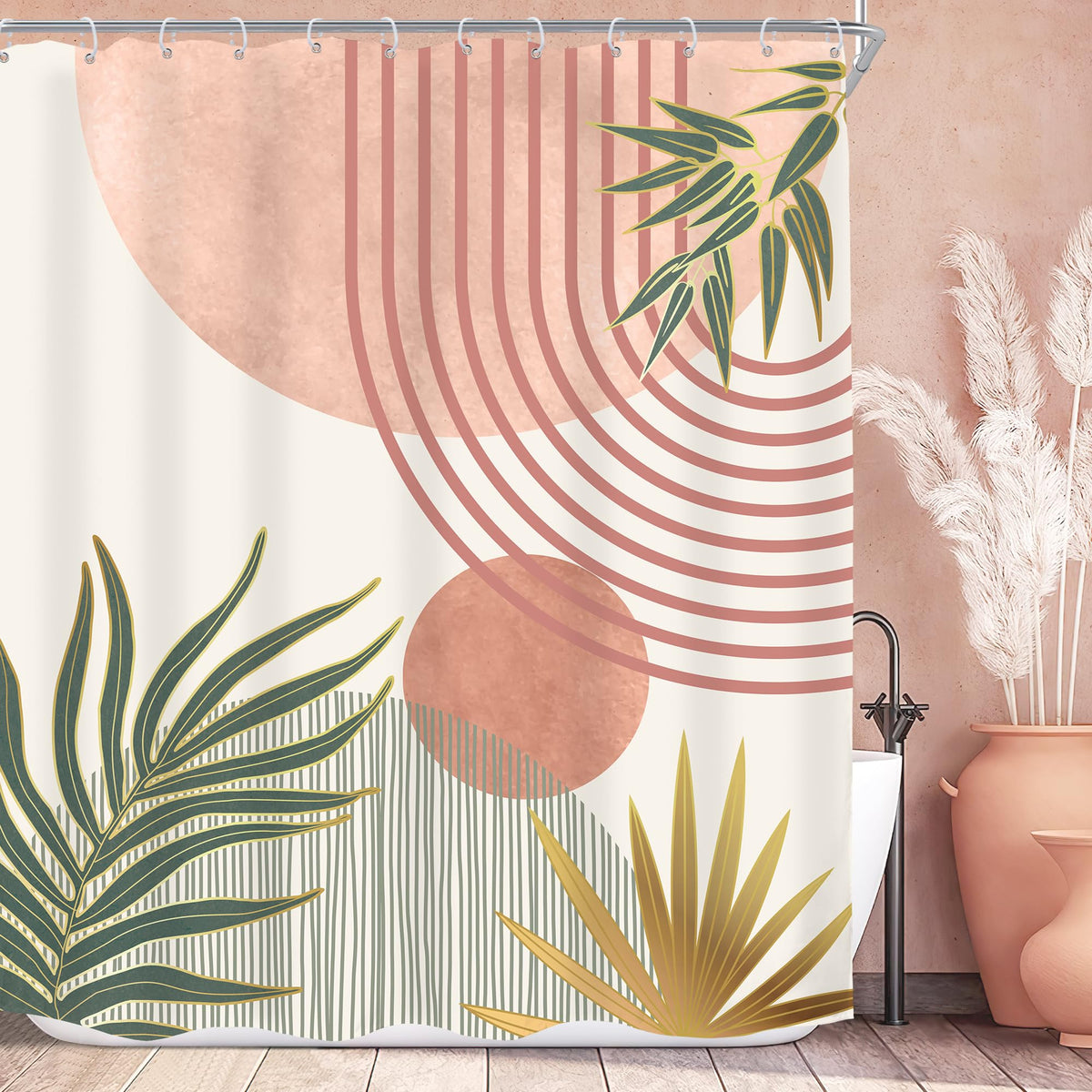 KOMLLEX Mid Century Green Boho Shower Curtain, Abstract Modern Shower Curtains for Bathroom, Plant Botanical Minimalist Leaf Arch Sun Fabric Liner Waterproof Polyester 12 Pack Hooks 60Wx72L Inches