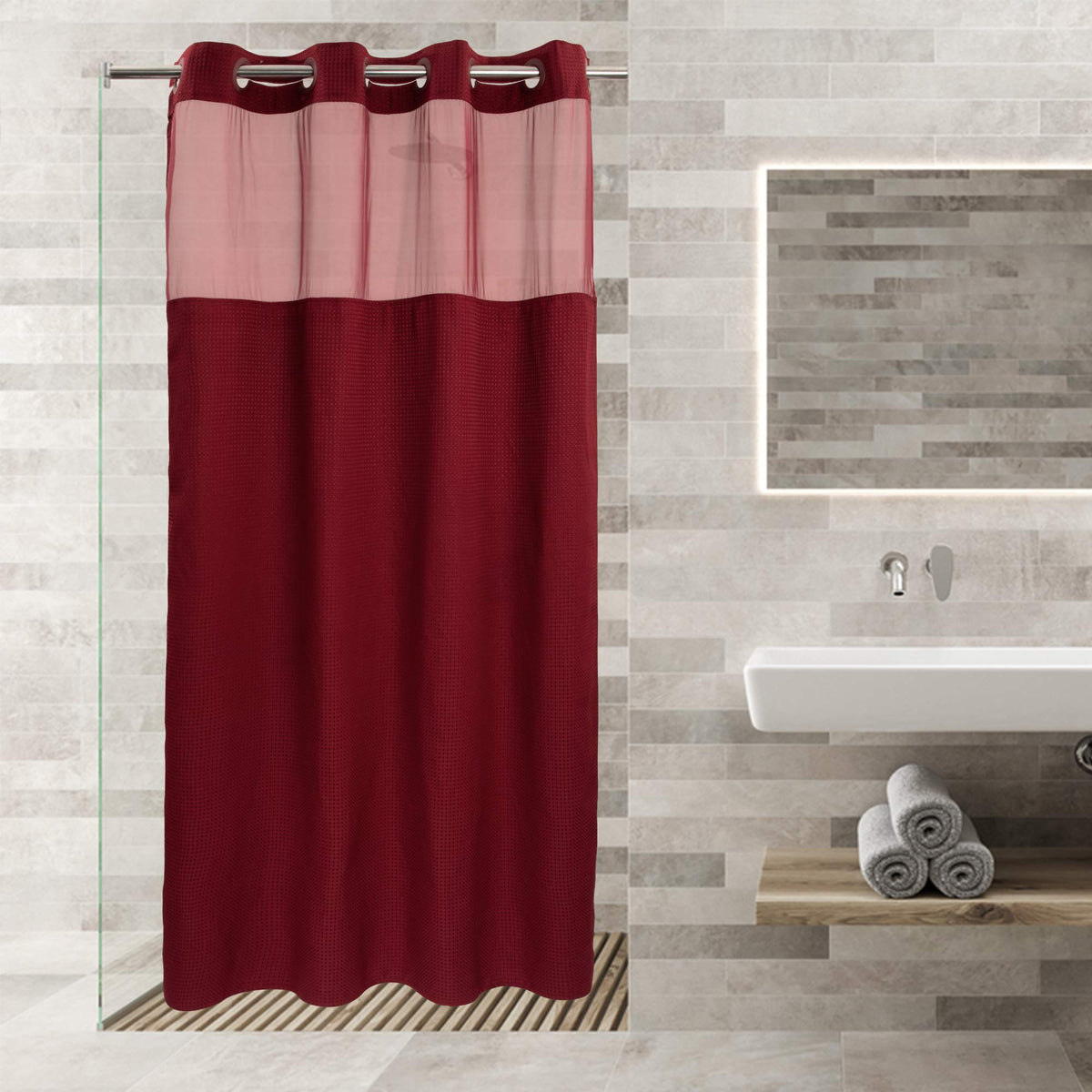 RiverDream Heavyweight Waffle No Hook Shower Curtain with Liner,White,71x74