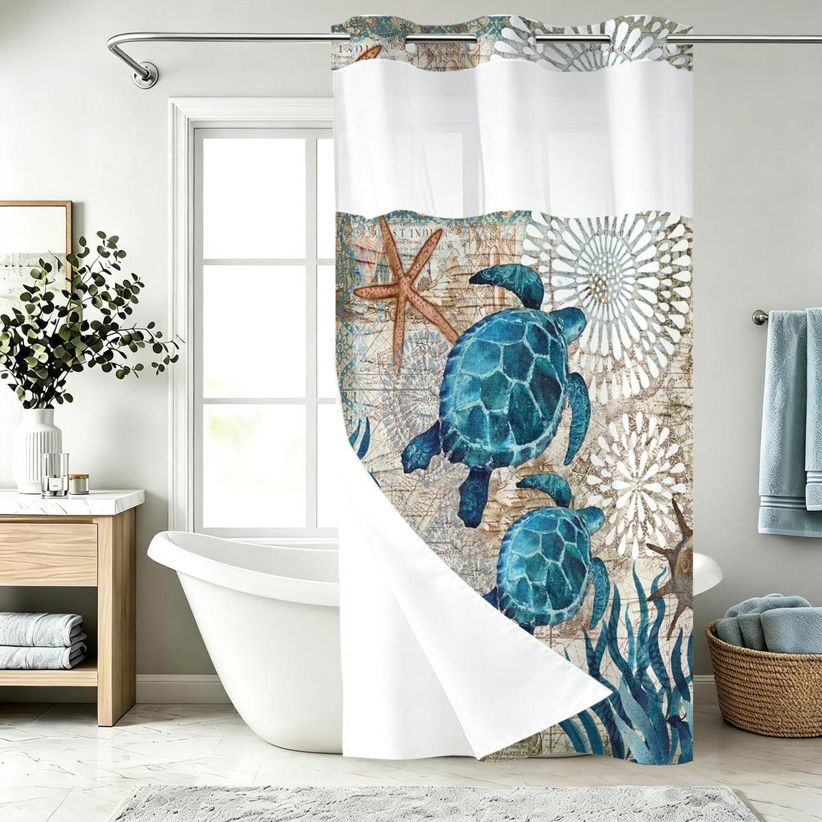 Nautical Green Sea Turtles Beach Theme Fabric Shower Curtain Sets Bathroom Blue Ocean Decor with Grommets and Hooks - 72 x 72 Inch Teal