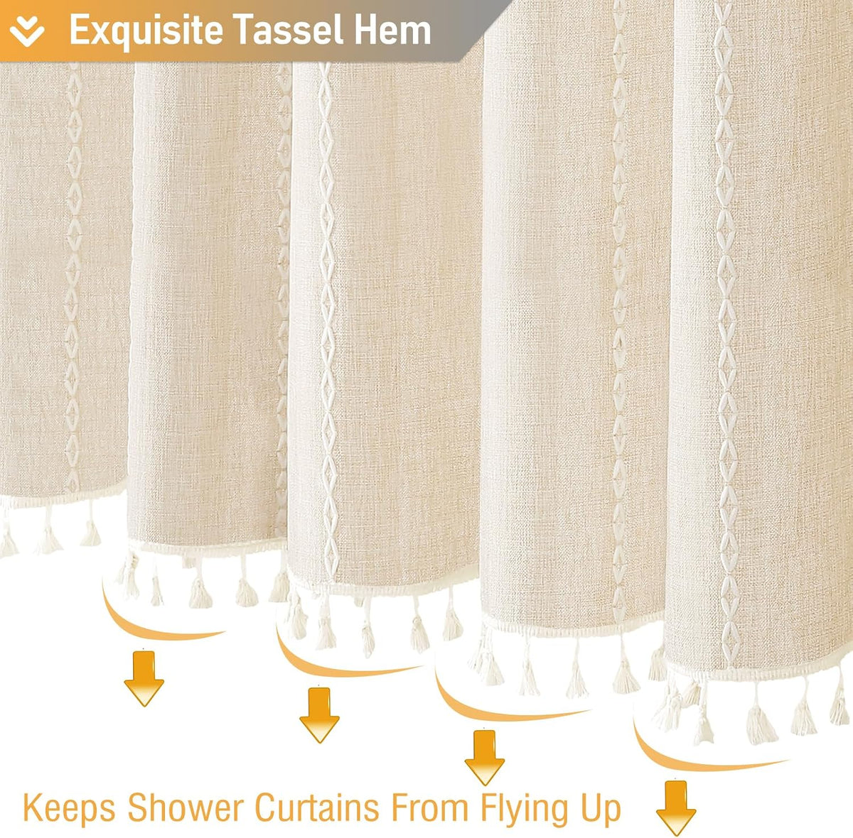BTTN Cream Boho Farmhouse Linen Heavy Duty Shower Curtain Set, 72x72, Beige
