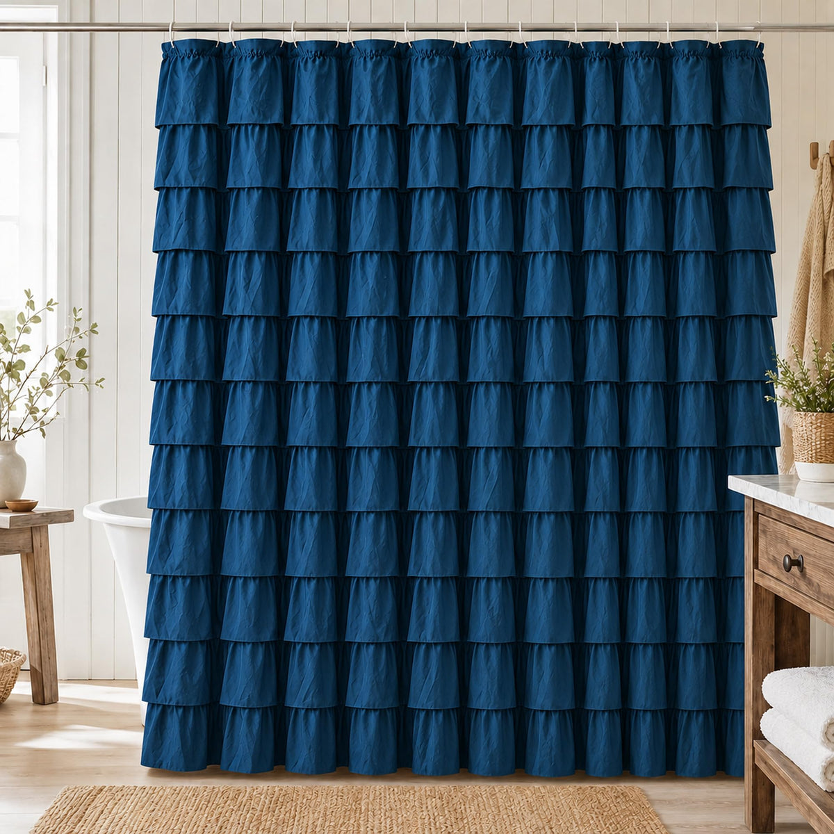 White Ruffle Shower Curtain for Bathroom,72 x 72 Inches, Farmhouse Style