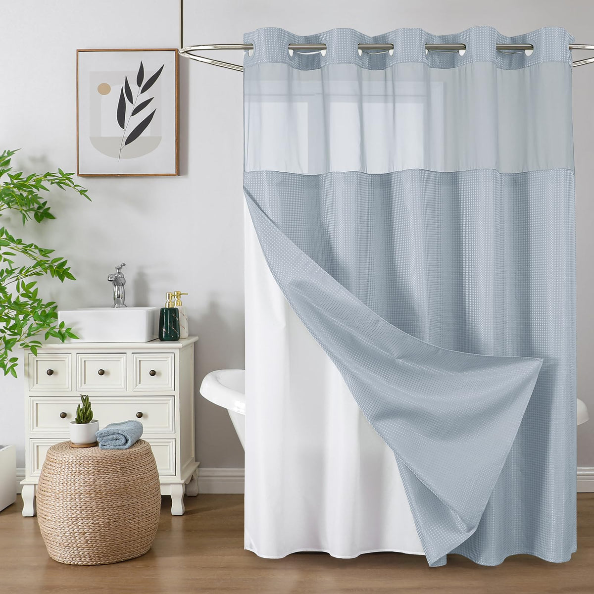 Colorful Star Sage Green No Hook Waffle Shower Curtain Set, 72 x 75 Inch