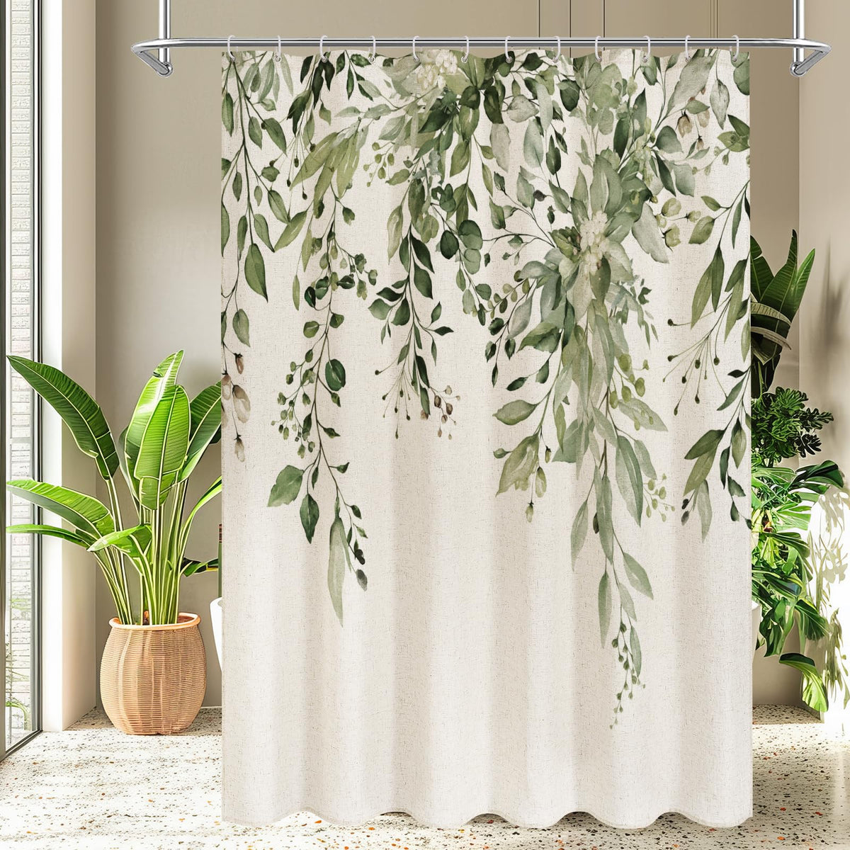Gibelle SageGreen Linen Eucalyptus Shower Curtain, Watercolor Floral, 72x72
