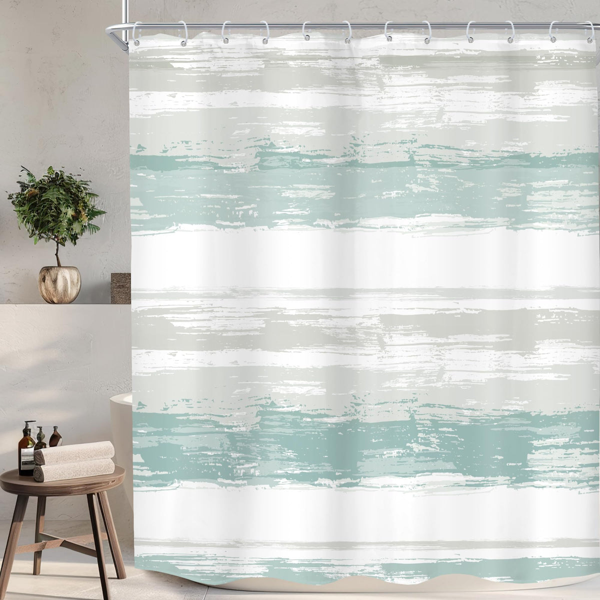 Abstract Blue Modern Gray Striped Minimalist Bathroom Shower Curtain Set