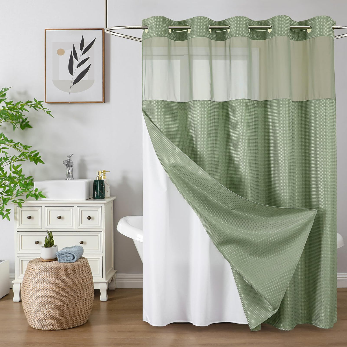 Colorful Star Sage Green No Hook Waffle Shower Curtain Set, 72 x 75 Inch