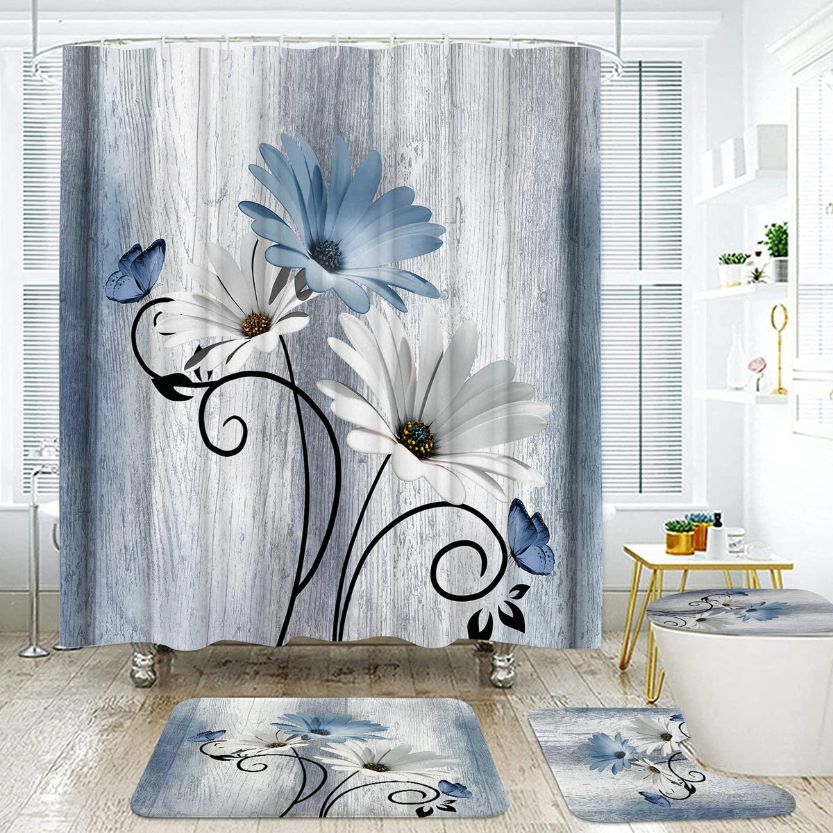 Onalasyc 4PCS Teal Daisy Floral Bathroom Sets with Shower Curtain and Rugs
