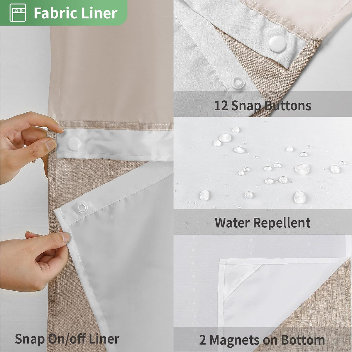 eachope Boho Farmhouse No Hook Shower Curtain Set with Snap-in Fabric Liner,Heavy-Duty Linen Textured Rustic Striped Design,Water-Repellent with Tassels and Sheer Window,Tan/Taupe,71x74