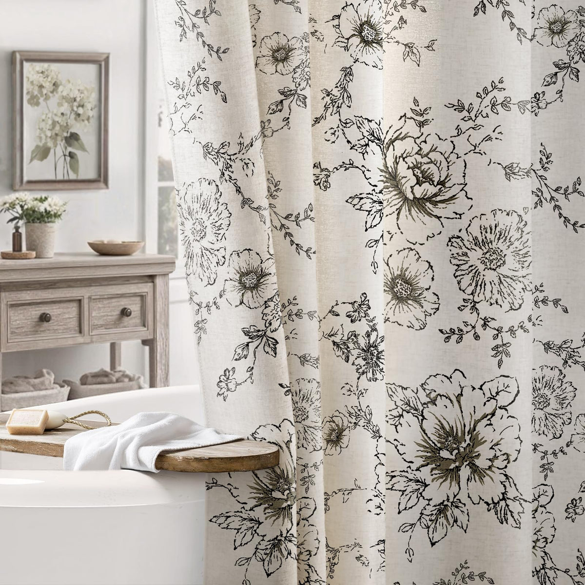 Farmhouse Floral Vintage Shower Curtain for Bathroom, Black and Tan Taupe