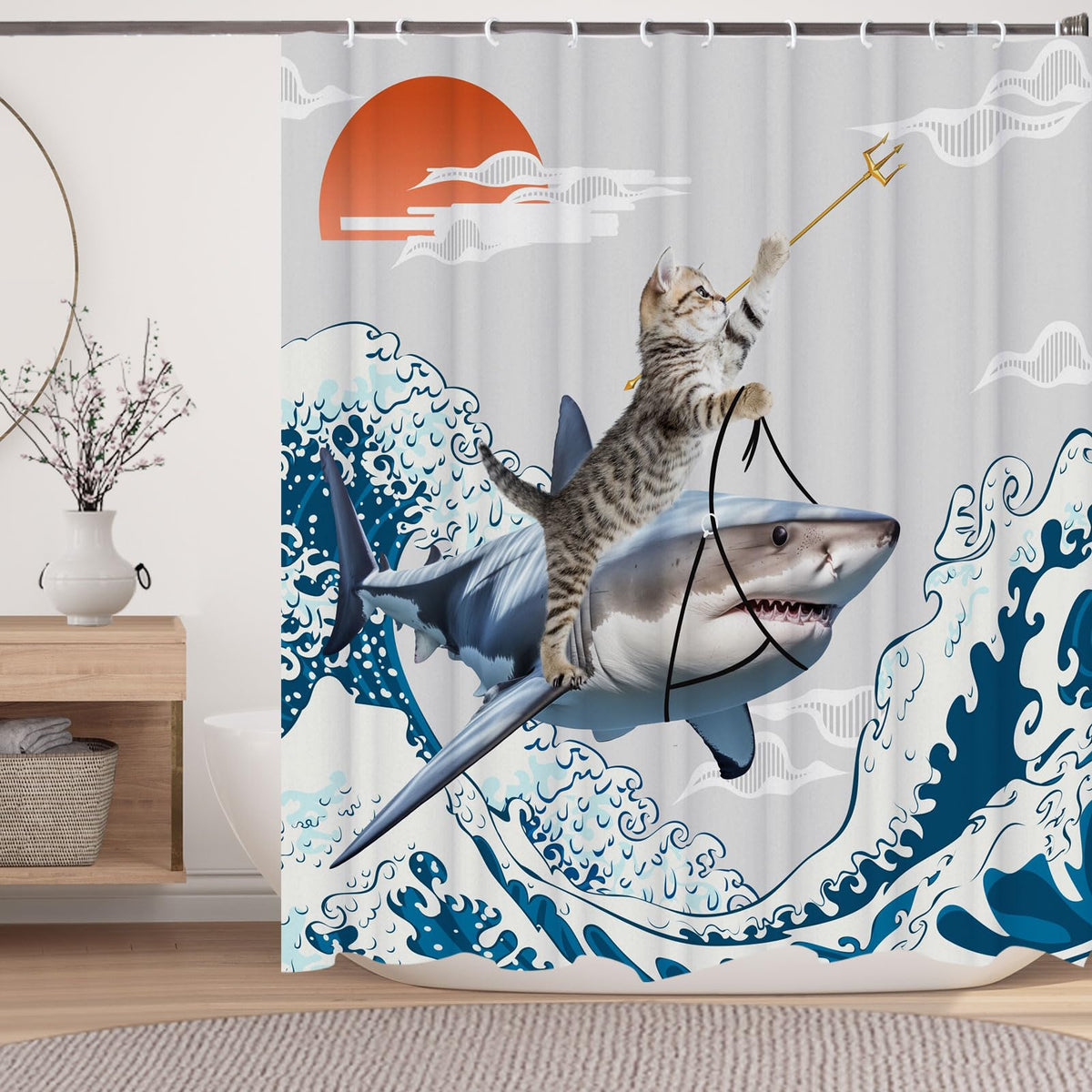 Funny Japanese Cat Funky Anime Japan Bathroom Shower Curtain, 72x72