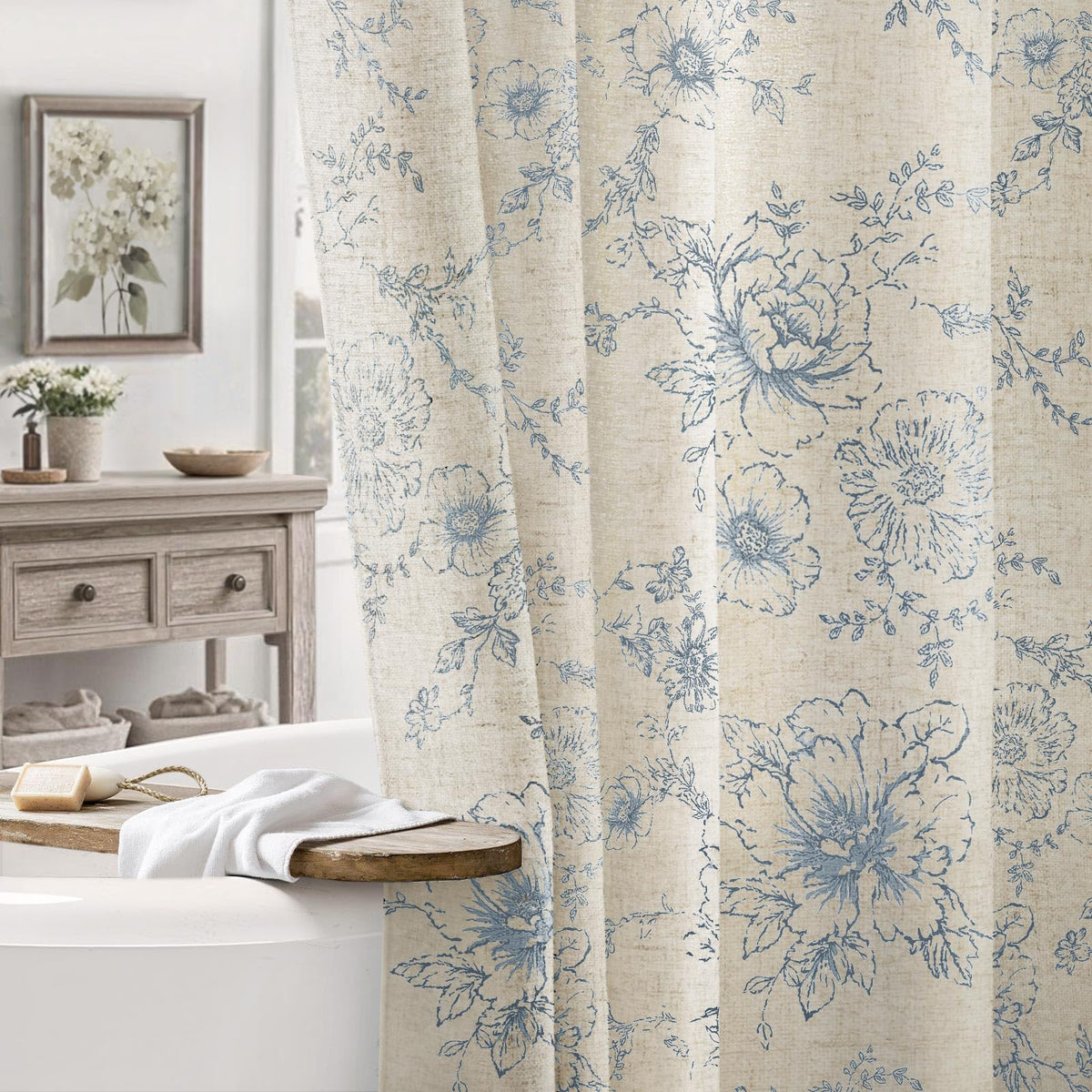 Farmhouse Floral Vintage Shower Curtain for Bathroom, Black and Tan Taupe