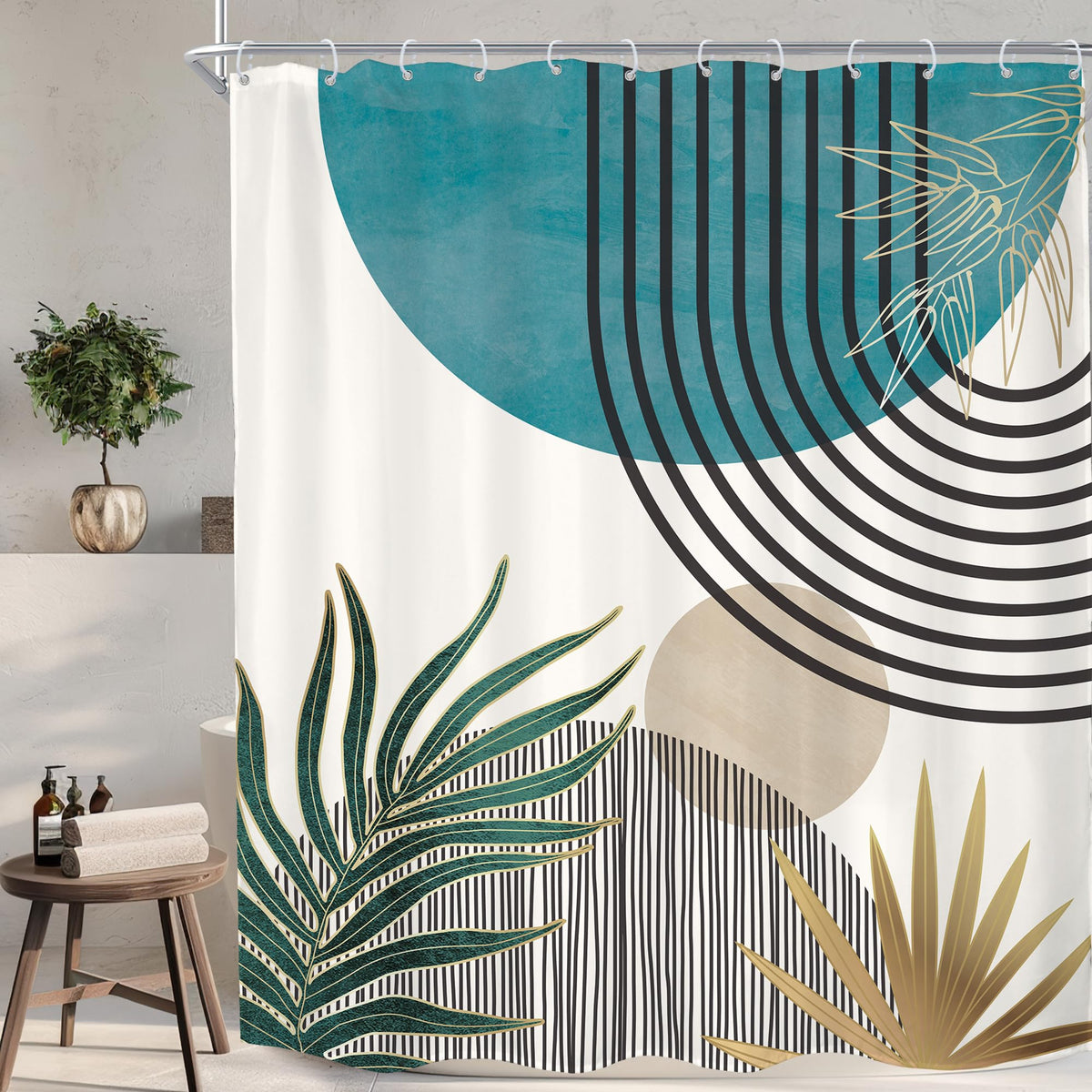 KOMLLEX Mid Century Green Boho Shower Curtain, Abstract Modern Shower Curtains for Bathroom, Plant Botanical Minimalist Leaf Arch Sun Fabric Liner Waterproof Polyester 12 Pack Hooks 60Wx72L Inches