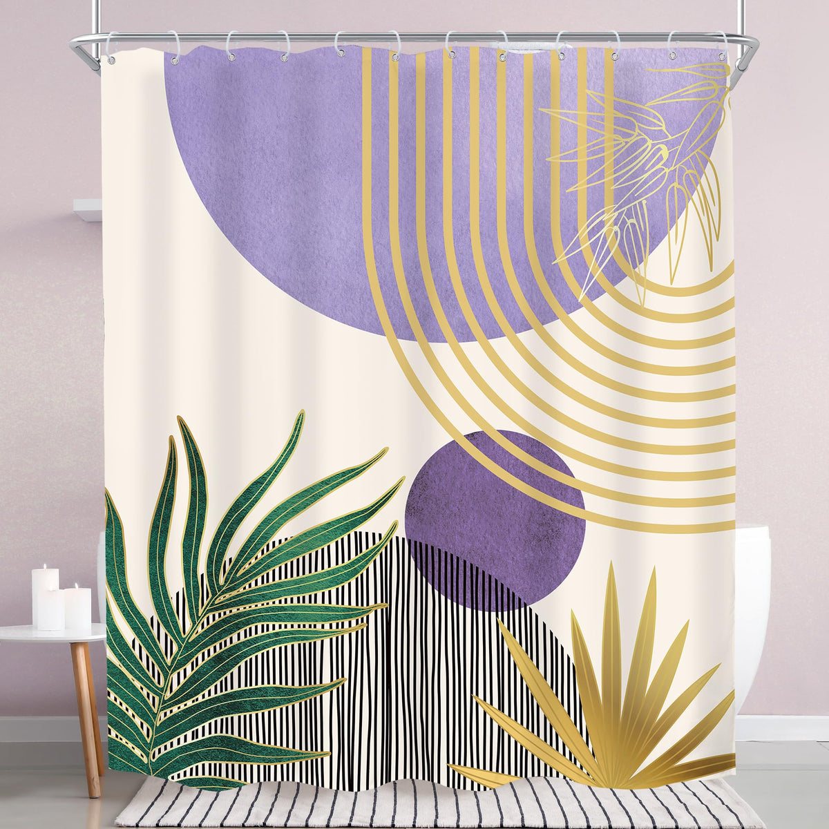 KOMLLEX Mid Century Green Boho Shower Curtain, Abstract Modern Shower Curtains for Bathroom, Plant Botanical Minimalist Leaf Arch Sun Fabric Liner Waterproof Polyester 12 Pack Hooks 60Wx72L Inches