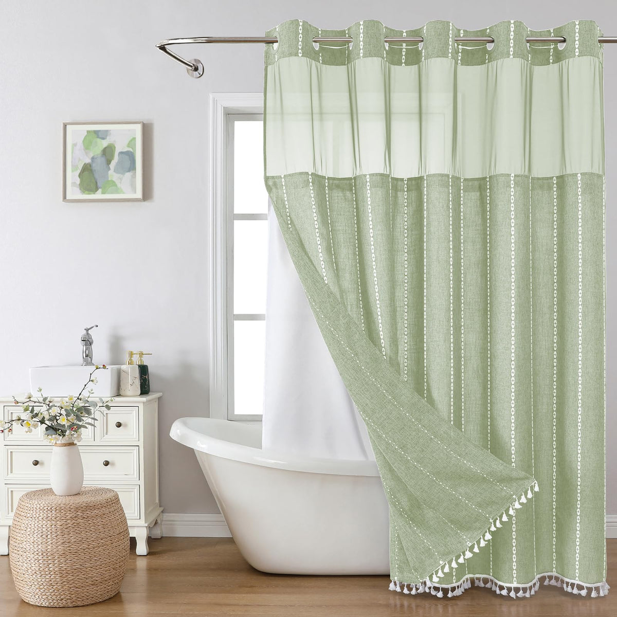 eachope Boho Farmhouse No Hook Shower Curtain Set with Snap-in Fabric Liner,Heavy-Duty Linen Textured Rustic Striped Design,Water-Repellent with Tassels and Sheer Window,Tan/Taupe,71x74