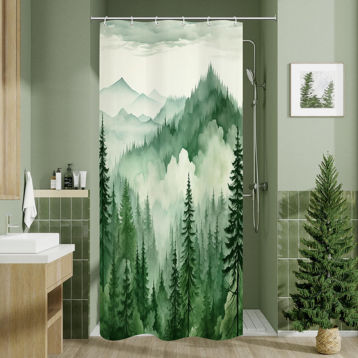 Dark Green Pine Forest Shower Curtain, Misty Woodland, 72 x 72 Inches