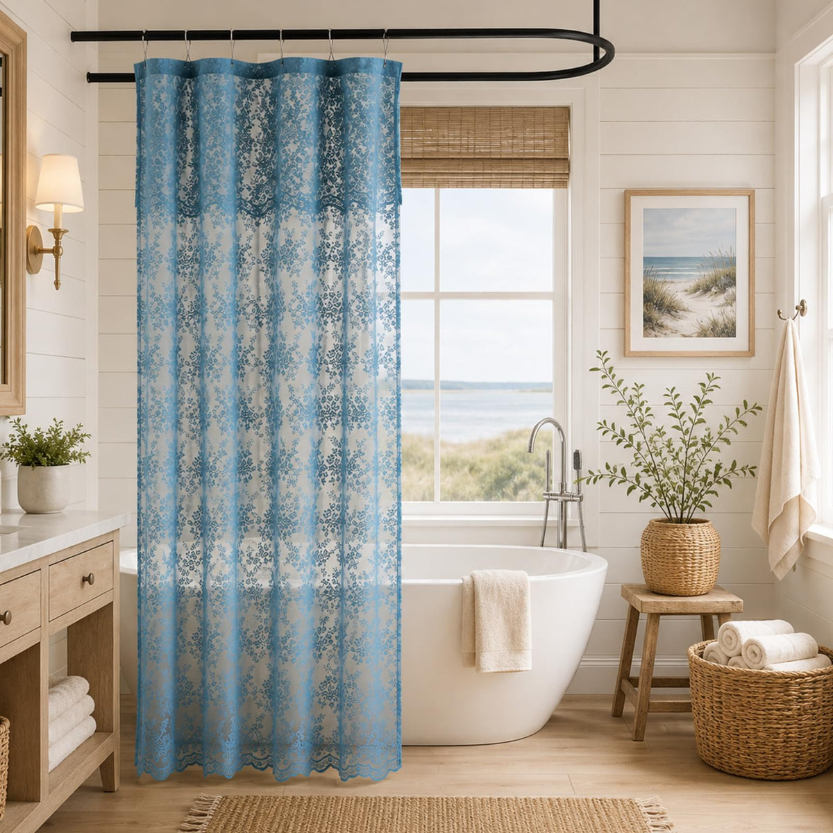 TUDECO Pink Lace Shower Curtain with Attached Valance, 72x72 Inch, 1 Panel