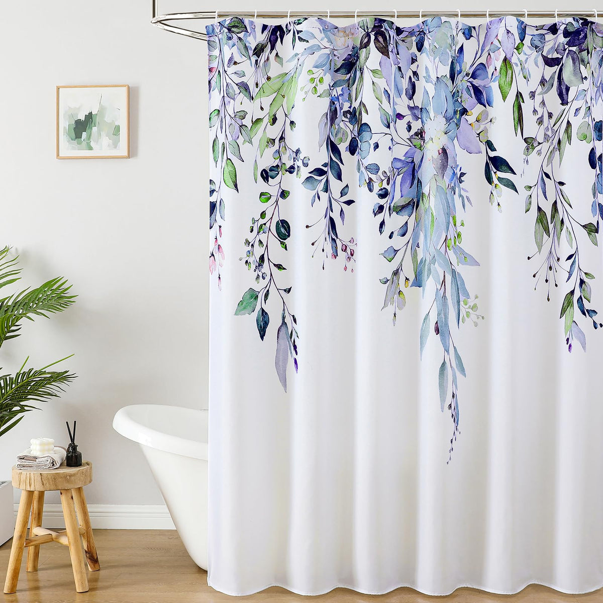Colorful Star Grey Eucalyptus Floral Shower Curtain with Hooks, 72"W x 84"L