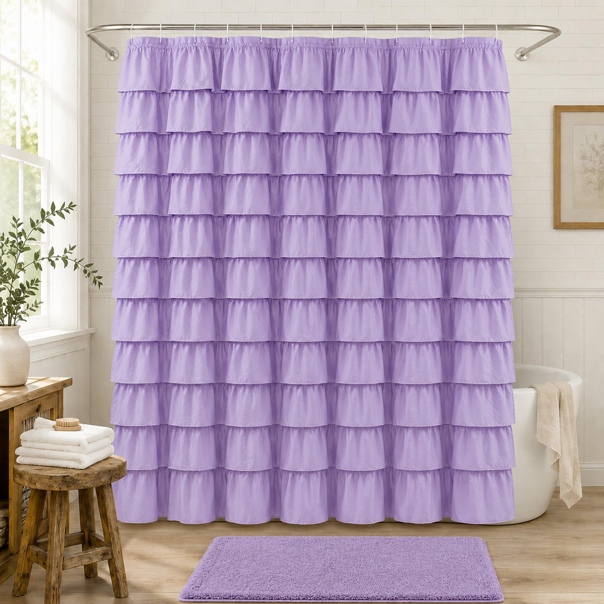 White Ruffle Shower Curtain for Bathroom,72 x 72 Inches, Farmhouse Style