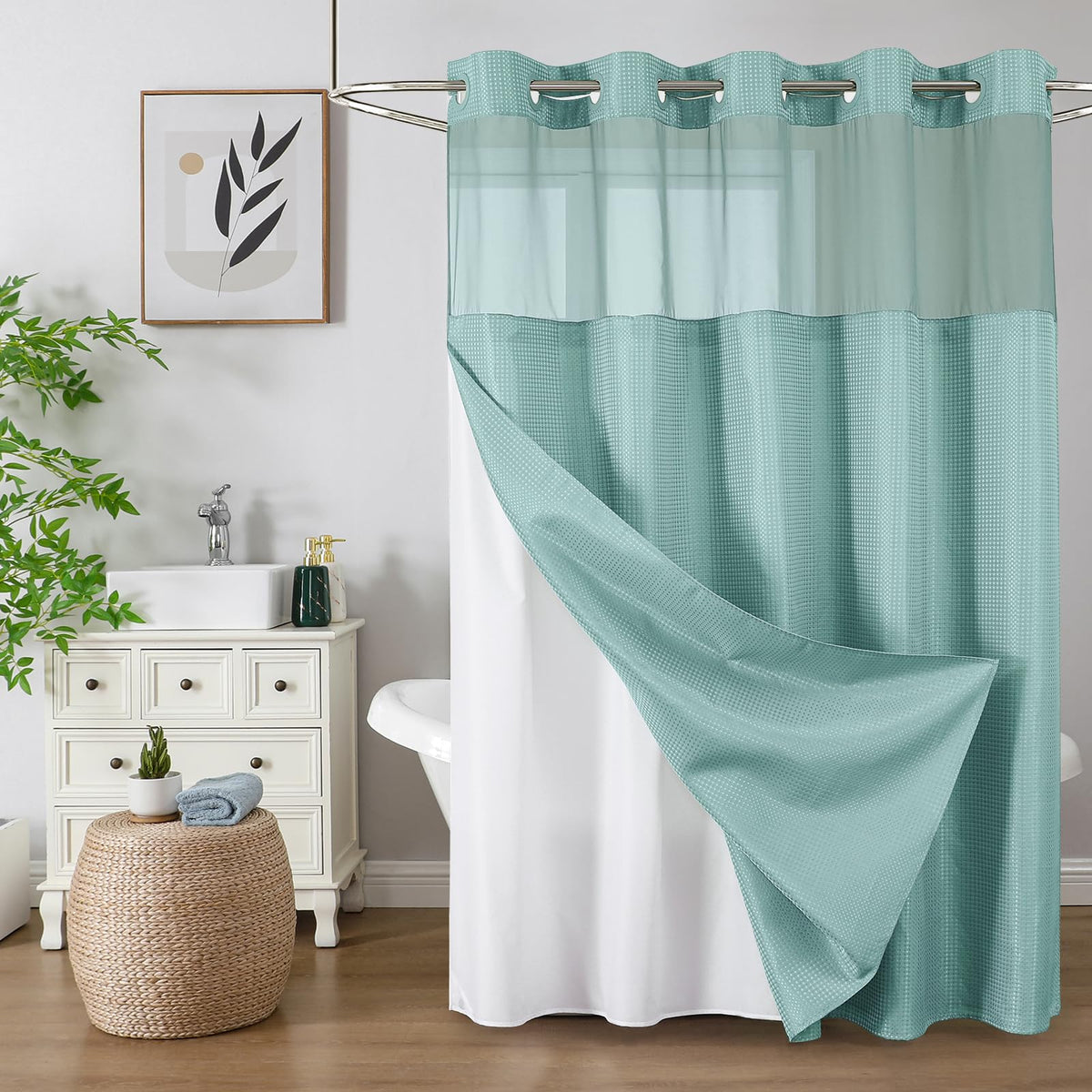 Colorful Star Sage Green No Hook Waffle Shower Curtain Set, 72 x 75 Inch