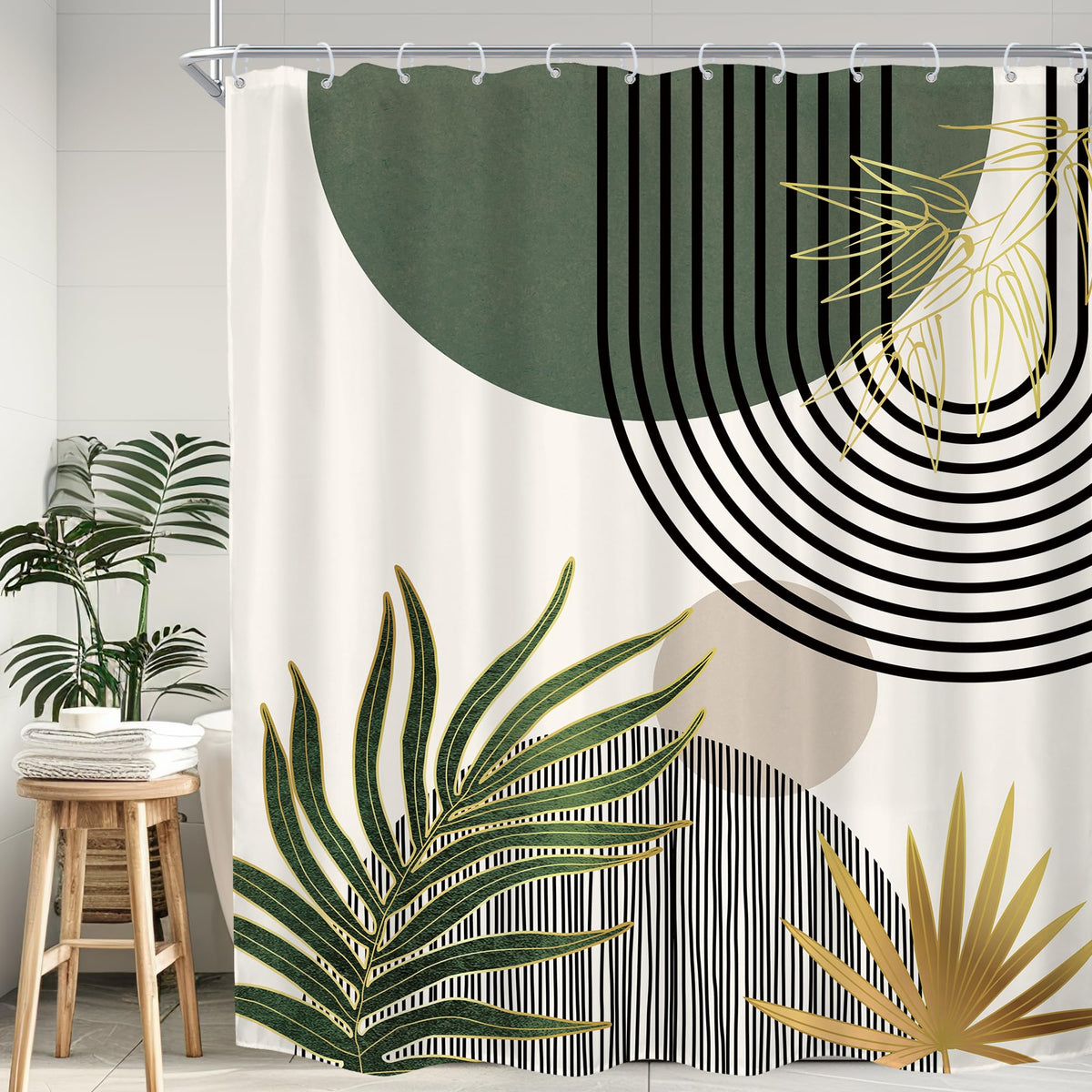 KOMLLEX Mid Century Green Boho Shower Curtain, Abstract Modern Shower Curtains for Bathroom, Plant Botanical Minimalist Leaf Arch Sun Fabric Liner Waterproof Polyester 12 Pack Hooks 60Wx72L Inches