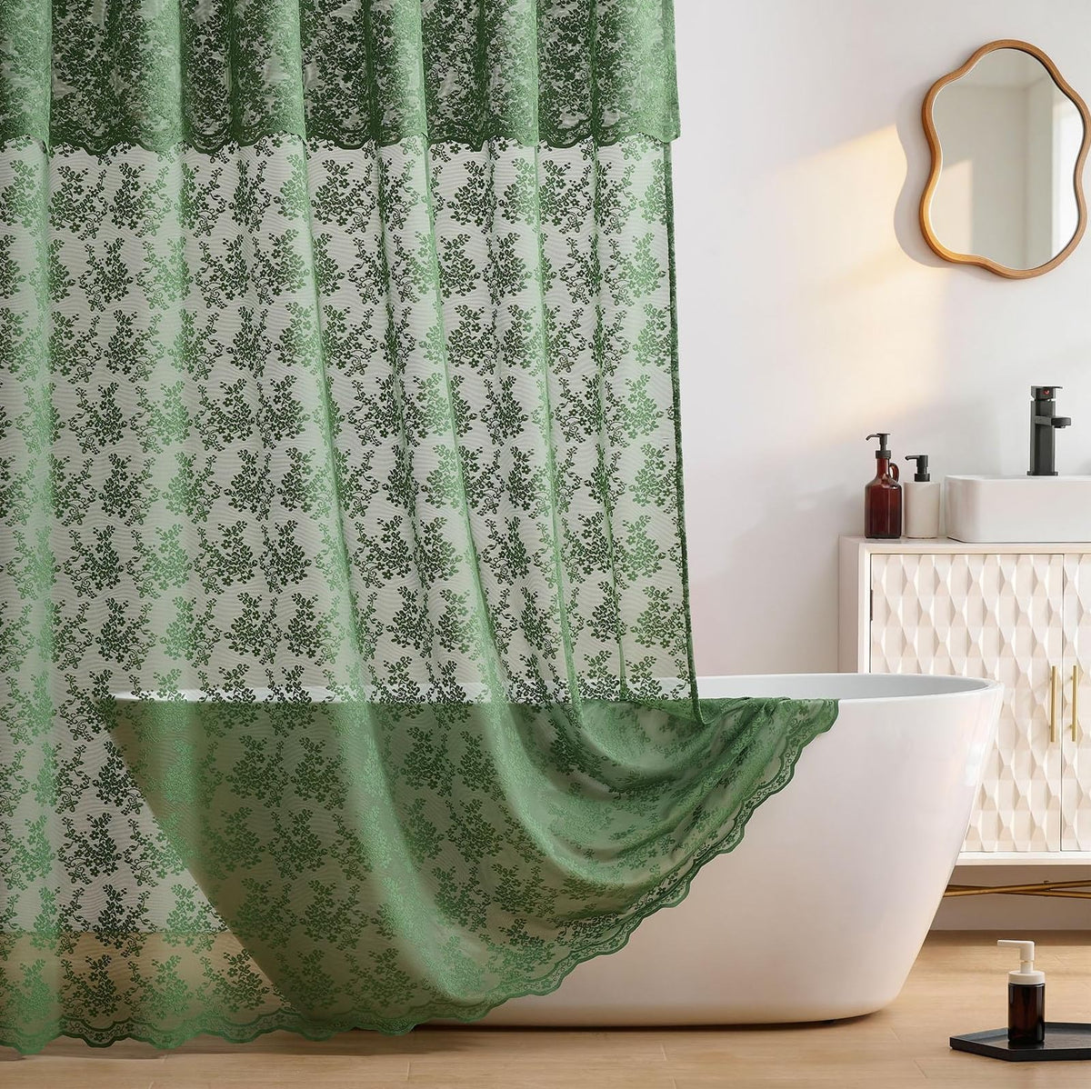 TUDECO Pink Lace Shower Curtain with Attached Valance, 72x72 Inch, 1 Panel