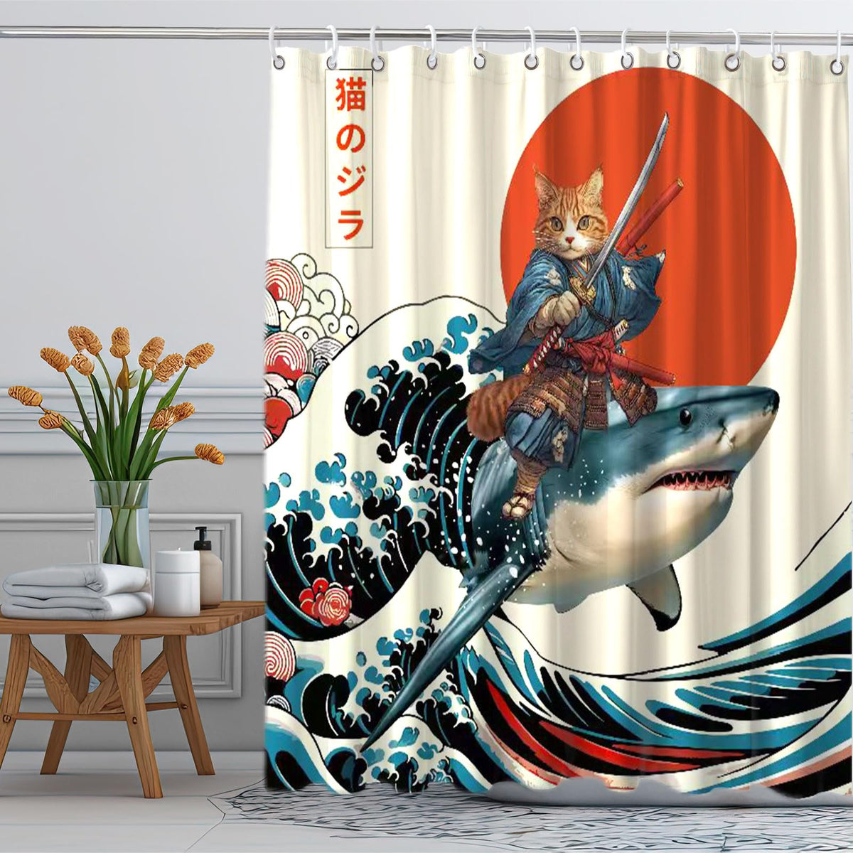 Funny Japanese Cat Funky Anime Japan Bathroom Shower Curtain, 72x72
