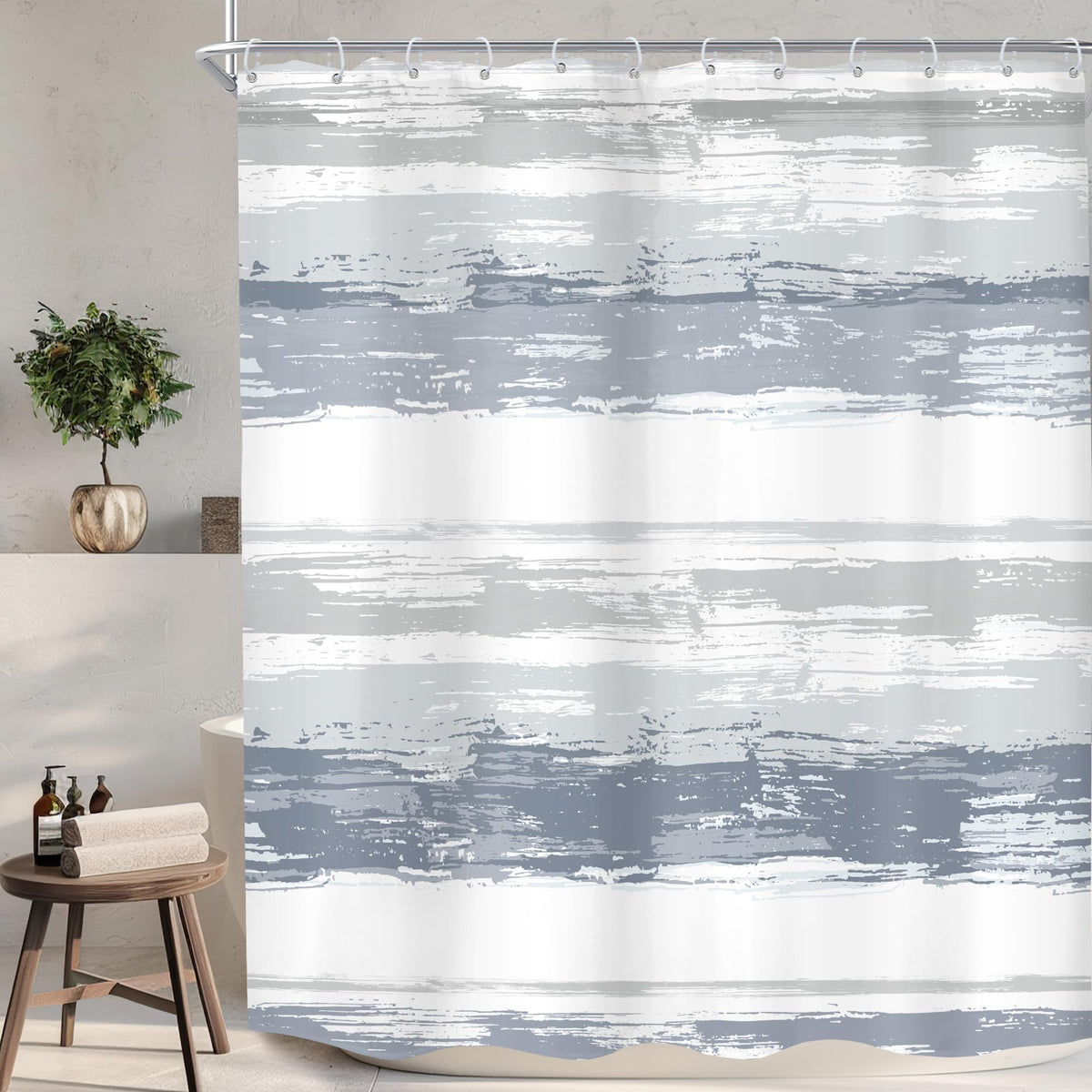 Abstract Blue Modern Gray Striped Minimalist Bathroom Shower Curtain Set