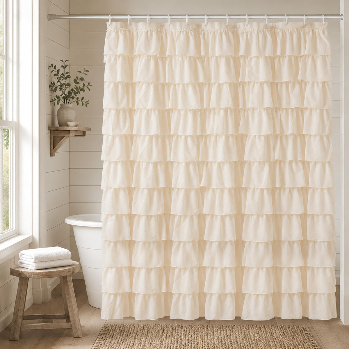 White Ruffle Shower Curtain for Bathroom,72 x 72 Inches, Farmhouse Style