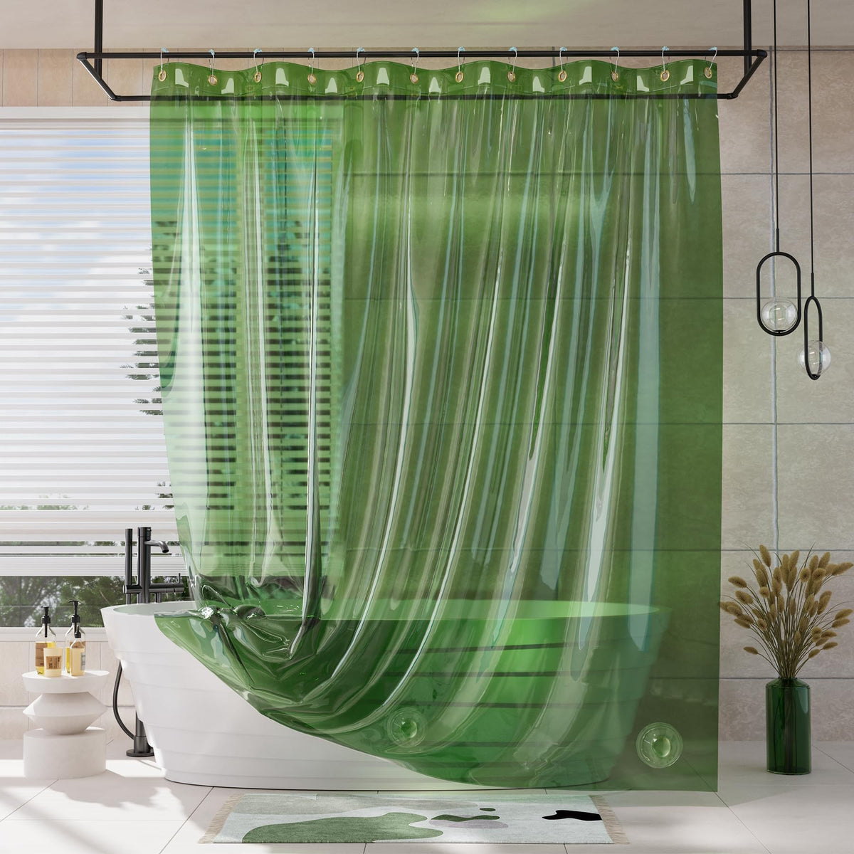 AmazerBath Shower Curtain Liner for Summer, 100% EVA Clear Green Heavy Duty Luxury Shower Curtain and Liner 2-in-1, 72x72 Plastic Weighted Shower Liner, 12 Rustproof Grommets & 3 Heavyweight Stones