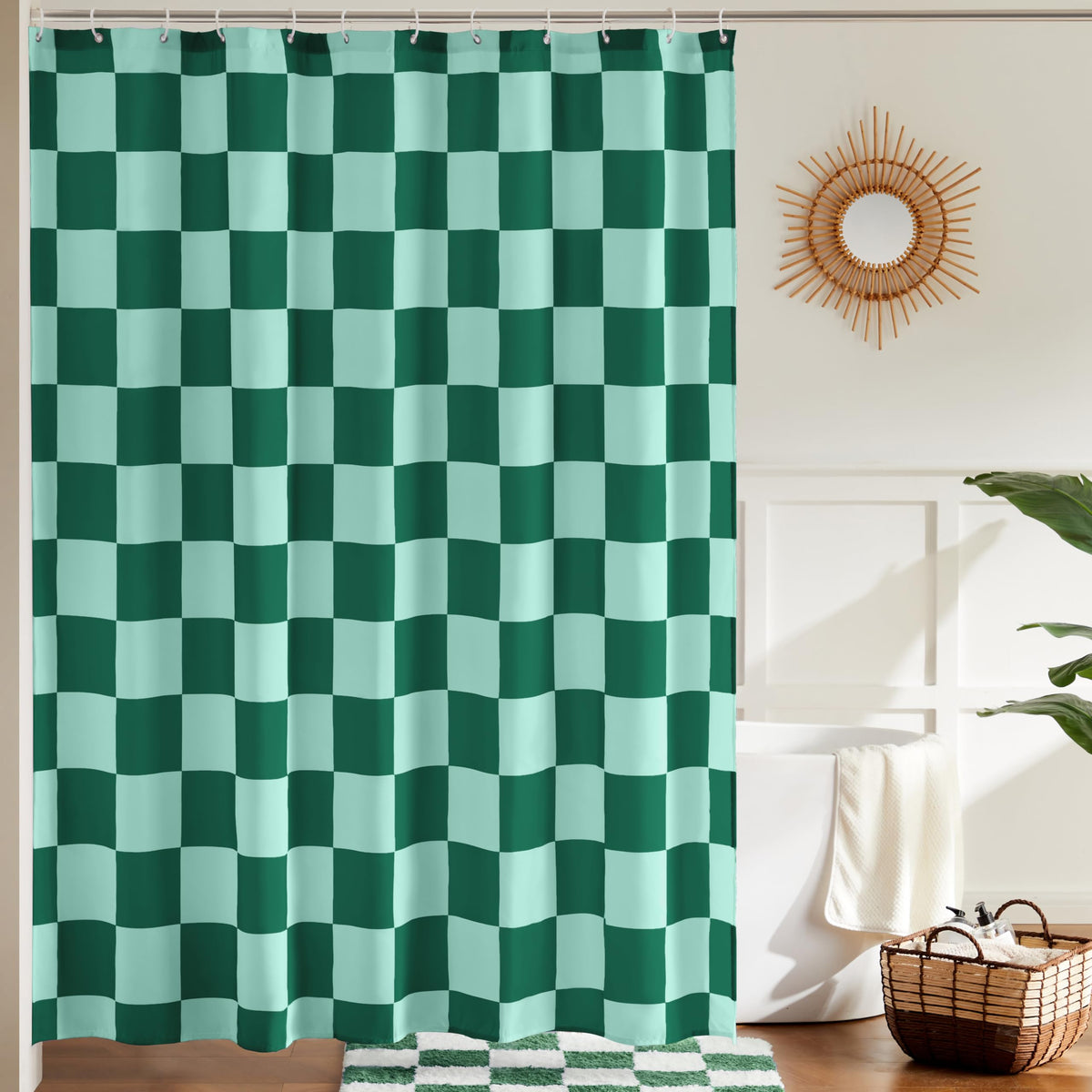Ohocut Checkered Shower Curtain, Sage Green Shower Curtains for Bathroom, Cute Retro Checkboard Shower Curtain Vintage Aesthetic, Washable Fabric Bath Curtain 72''x72''