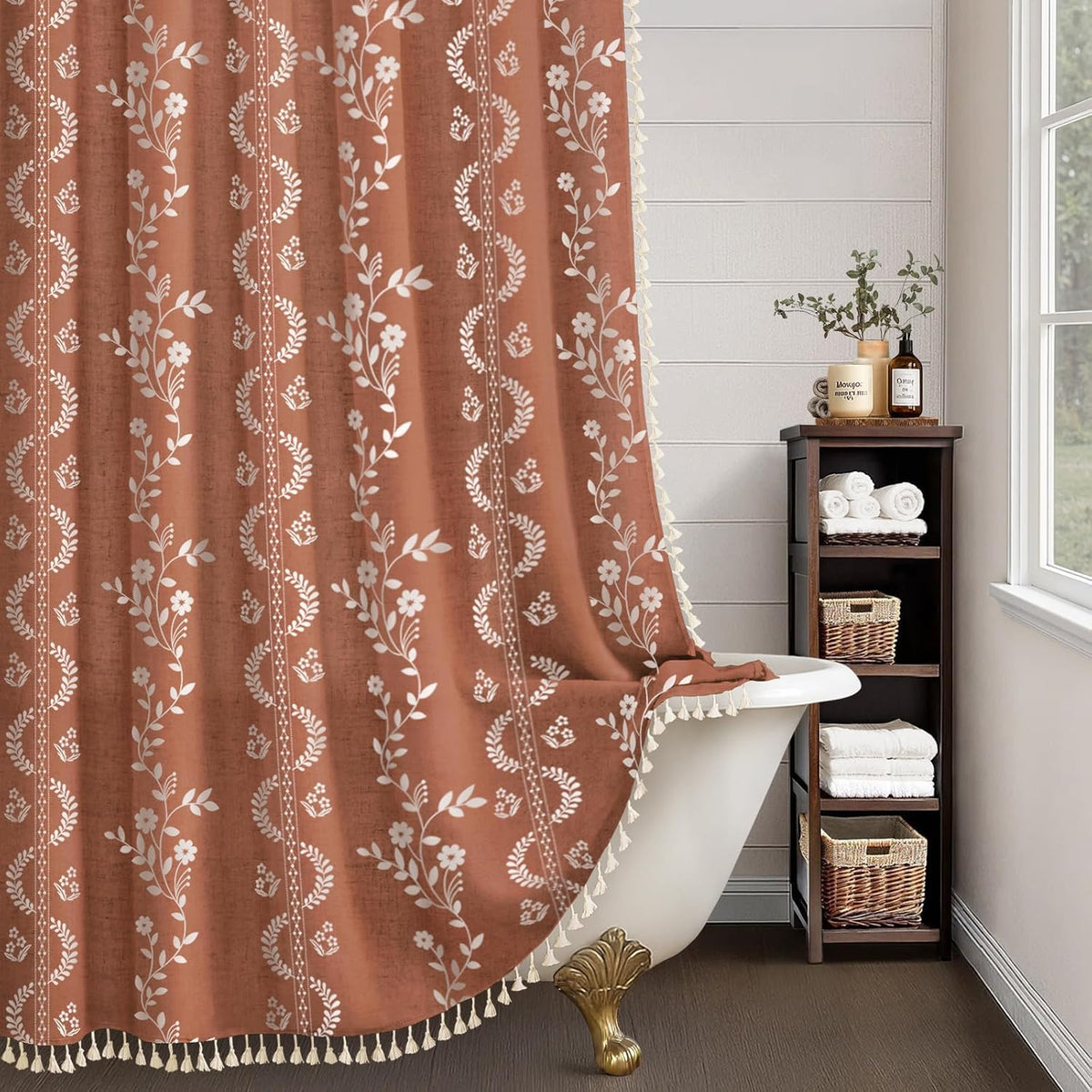 Boho Terracotta Vintage Shower Curtain with Tassels 72 x 72 Inch