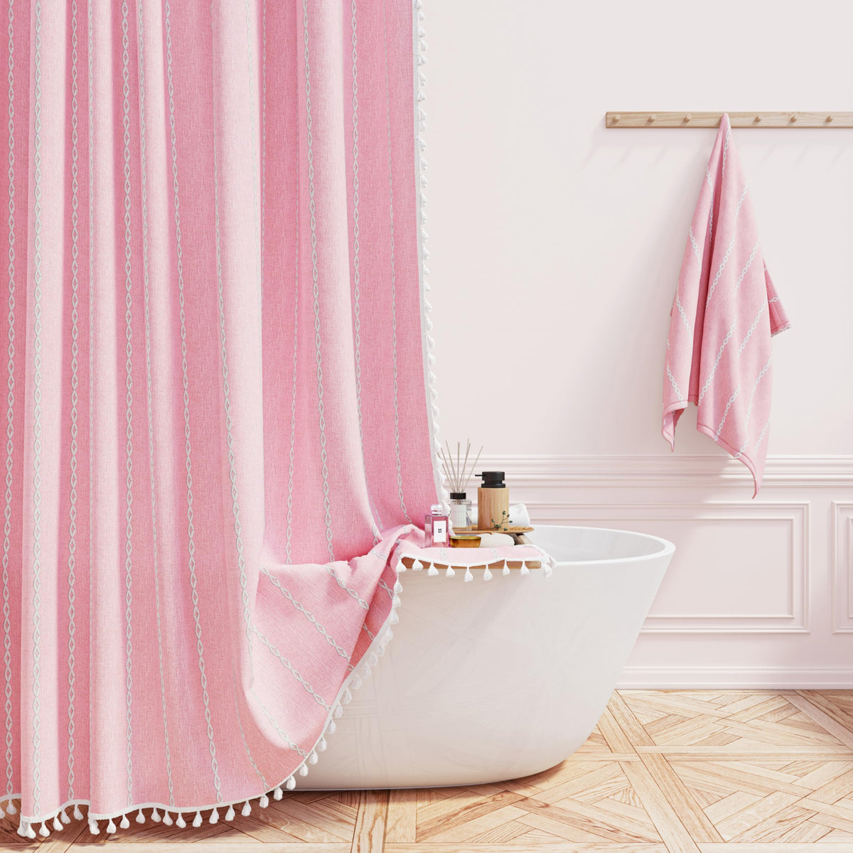 BTTN Cream Boho Farmhouse Linen Heavy Duty Shower Curtain Set, 72x72, Beige